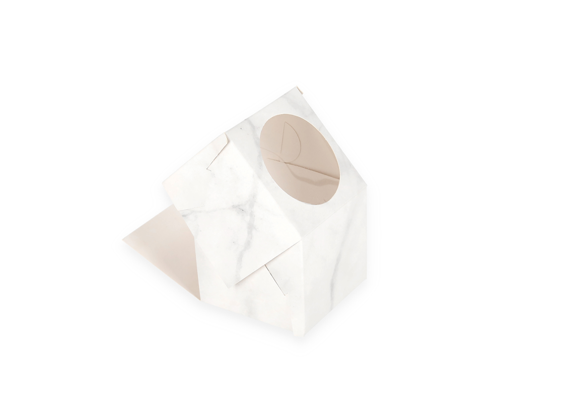 AKC/D1: 90 x 90 x 80 mm Foldable box for 1 dessert with PVC window, marble colour 2