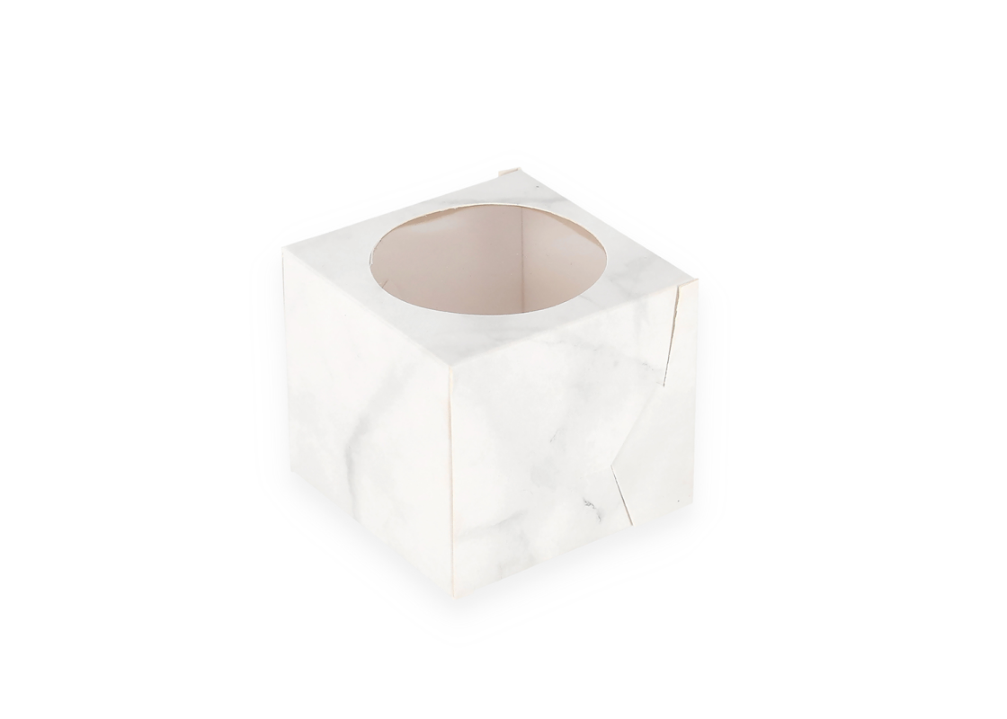 AKC/D1: 90 x 90 x 80 mm Foldable box for 1 dessert with PVC window, marble colour 1