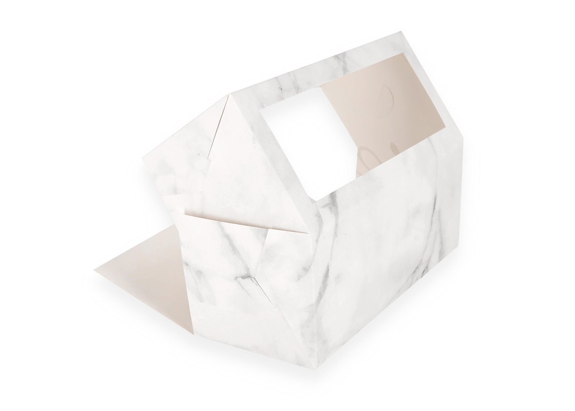 AKC/D3: 285x 125 x 120 mm Foldable pie box with PVC window, marble colour 2