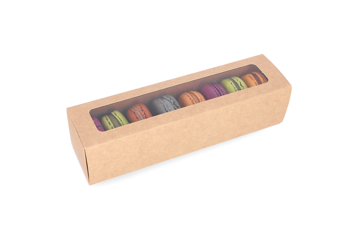 MAC-1/B: 200 x 50 x 50 mm, Brown color box for sweets and macarons cookies  with transparent window(10pcs) 1